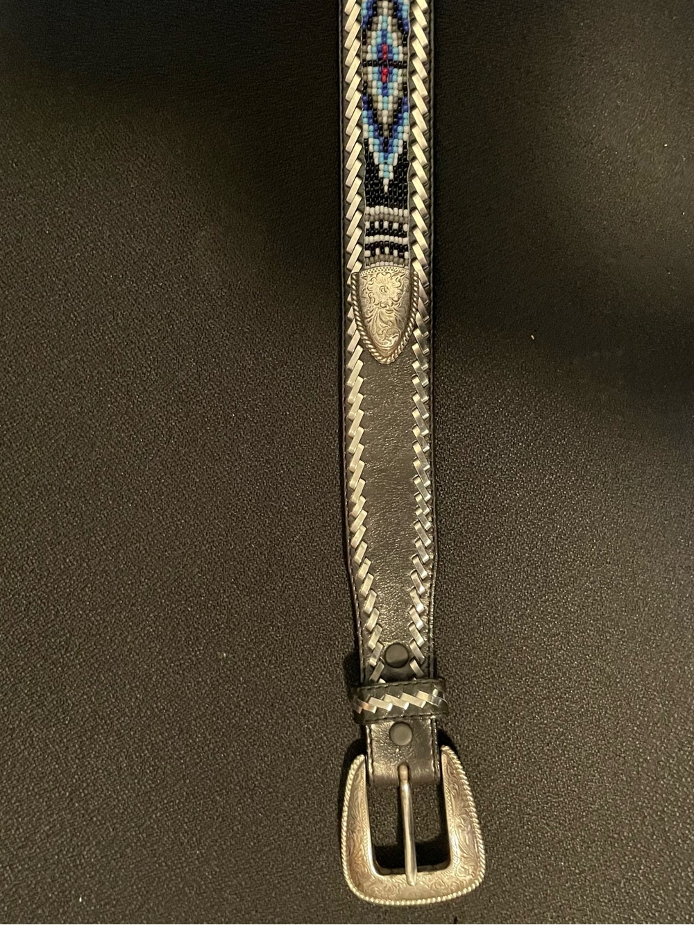 Tony Lama Black Leather Beaded Belt with Blue, White and Red Accents - Picture 4 of 8